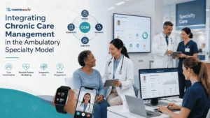 Cardiologist reviewing heart failure patient data for Ambulatory Specialty Model performance